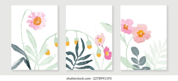 Abstract floral cover background vector. Set of spring plant hand drawn template with flowers, leaves, wildflower. Colorful watercolor texture design for wallpaper, banner, prints, interior, poster.