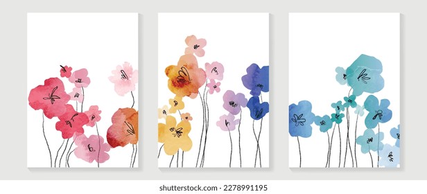 Abstract floral cover background vector. Set of spring plant hand drawn template with flowers, leaves, wildflower. Colorful watercolor texture design for wallpaper, banner, prints, interior, poster.