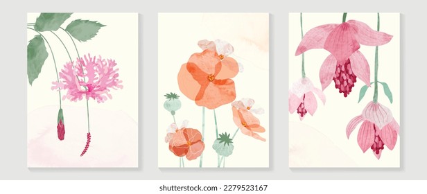 Abstract floral cover background vector. Set of spring plant hand drawn template with flowers, leaves, wildflower. Colorful watercolor texture design for wallpaper, banner, prints, interior, poster.