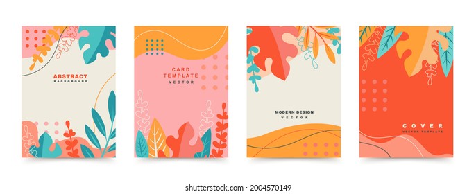 Abstract floral creative backgrounds set.Trendy wallpapers in simple style with tropical leaves.Vector template for banners,advertisements,cover design templates,invitations,posters,social media posts