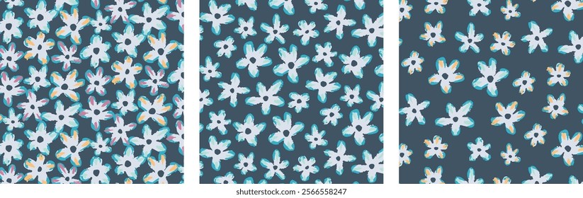 Abstract floral daisies vector seamless pattern. Hand drawn colorful teal flowers on navy blue background. Cottage garden simplistic whimsical loose style bright petals for textiles summer backgrounds