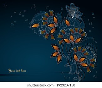 Abstract floral decoration. Dark background with stylized neon flowers and place for text. Vintage drawing for poster, banner or greeting card. Concept for your project. Vector illustration.