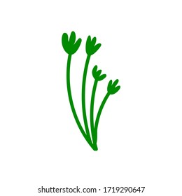 Abstraktes florales Dekorationselement - Gras mit Blüten oder Blumen Silhouetten in grüner Farbe. Vektorgrafik einzeln auf weißem Hintergrund für Logo oder Symbol.