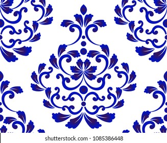 Abstract floral decorative ornament backdrop damask style, seamless blue and white royal pattern, baroque background for design, porcelain, ceramic, tile, texture, wall, fabric, vector illustration