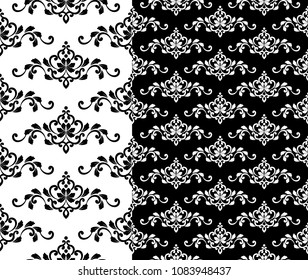Abstract floral decorative pattern baroque and damask style, seamless black and white background texture, wallpaper ornament for design, vector illustration