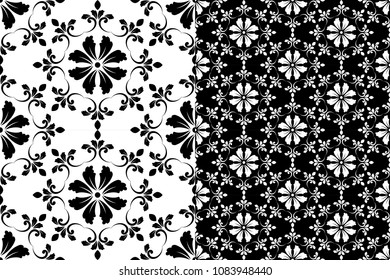 Abstract floral decorative pattern baroque and damask style, seamless black and white background texture, wallpaper ornament for design, vector illustration
