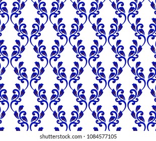 Abstract floral decorative pattern baroque and damask style, seamless blue and white background texture, wallpaper ornament for design, vines seamless royal background, vector illustration