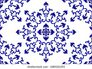 Abstract floral decorative seamless background, blue and white mandala pattern for design, porcelain, chinaware, ceramic, tile, ceiling, texture, wallpaper, floor and wall, vector illustration