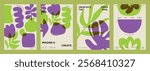 Abstract floral design with bold purple and green shapes. Modern art with imaginative floral patterns. Creative floral art for vibrant design lovers. Creative floral poster template vector set.