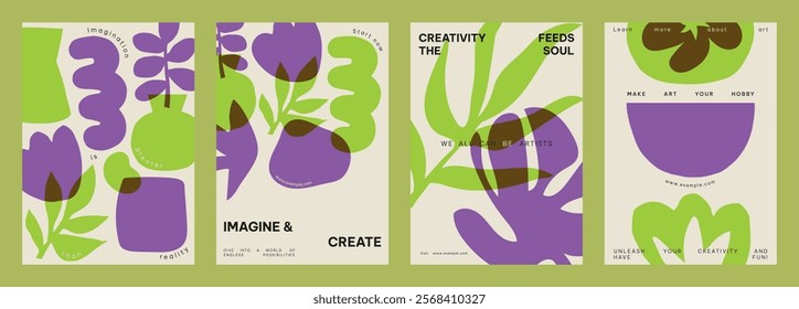 Abstract floral design with bold purple and green shapes. Modern art with imaginative floral patterns. Creative floral art for vibrant design lovers. Creative floral poster template vector set.