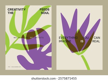 Abstract floral design with bold purple and green leaves. Creativity and imagination emphasized. Inspirational text on art and creativity. Vibrant and artistic. Creative floral poster template vector.