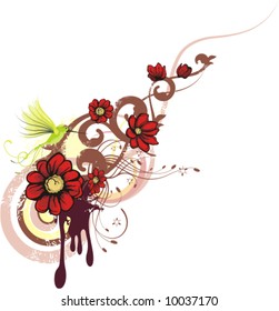 Abstract floral design with a bunch of flowers and a humming bird, vector illustration series.