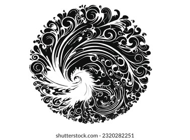 Resumen de diseño floral, una imagen circular de dibujos giratorios en blanco y negro