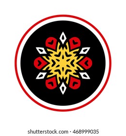 Abstract floral design element for logo designing. Circle icon, badge. Colorful folk flower isolated on white.