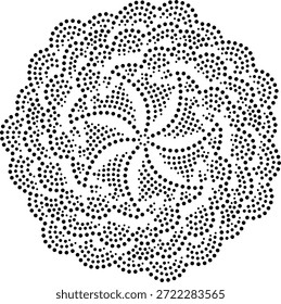 Elemento de design floral abstrato composto de triângulos pontilhados giratórios centrais e camadas periféricas de semicírculos concêntricos. Vetor de design intrincado simétrico boêmio asiático. Pode ser usado para tecido, bordados, almofada, cartão, tampa, tapete, decoração ou para criar padrões repetitivos. 