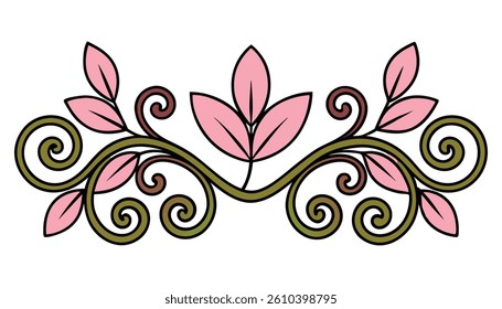  Abstract floral design element with ornate black swirls and vintage flower silhouettes.