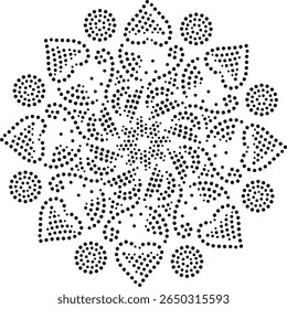 Abstract Floral Design Element With Peripheral Rim of Hearts And Circles. Intricate Flat Black Dotted Floral Illustration. Central Floral Embroidery Element. Asian Bohemian Fabric Design.