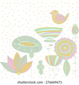 Abstract floral design elements. Vector flowers and bird pattern. Greeting card background.
