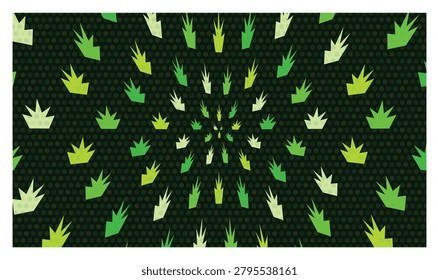 Abstract floral design featuring green plant silhouettes arranged in spiral motion on dark textured dotted backdrop.