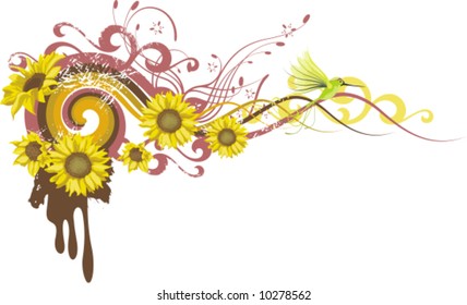 Abstract floral design with flowers and a humming bird, vector illustration series.