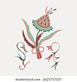 Abstract floral design with green and red hues. Stylized flowers and leaves in a minimalist, abstract style. Artistic floral composition with abstract shapes. Vintage art illustration vector.
