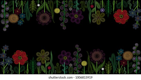 Abstract floral design on black background. Vector stylized flower on the horizontal border. Outlines the slim lines and spirals