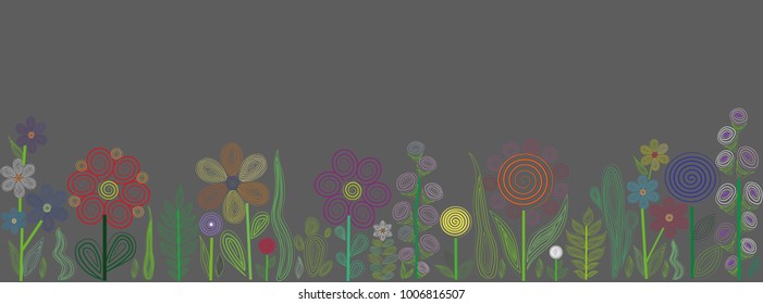 Abstract floral design on a grey background. Vector stylized flower on the horizontal border. Outlines the slim lines and spirals