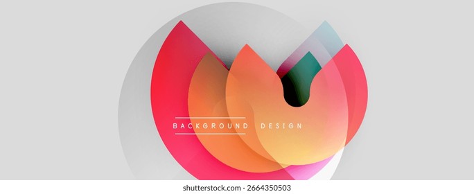 Design floral abstrato. A sobreposição de pétalas coloridas cria um visual moderno. Gradientes suaves, formas circulares dominam a composição. O texto lê o design do plano de fundo.