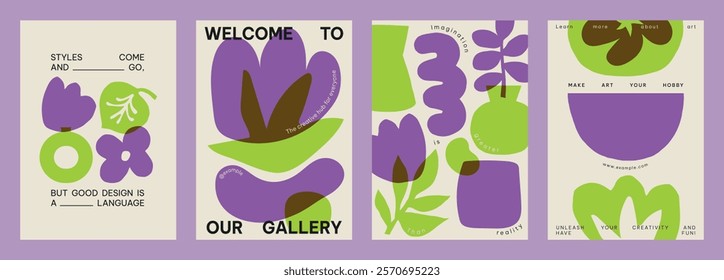 Abstract floral design in purple and green. Bold shapes and patterns. Modern art gallery style. Eye-catching purple and green theme. Floral and abstract mix. Creative floral poster template vector set