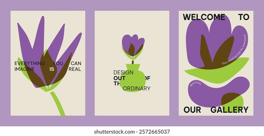 Abstract floral design with purple and green flowers. Bold text on posters: 'Everything you imagine is real,' 'Design out of the ordinary,' 'Welcome to our gallery.' Creative poster template vector.