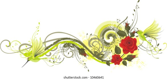 Abstract floral design with red roses and humming birds, vector illustration series.