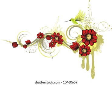 Abstract floral design with red roses and humming birds, vector illustration series.