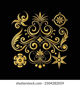 Abstract floral design, set, gold ornament on a black background for your design