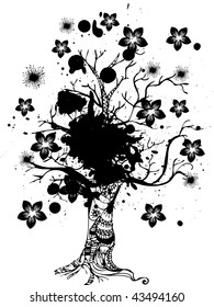 Abstract floral design with a spring tree and grunge details,
