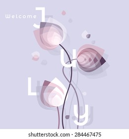 abstract floral design in white, purple and pink color combination. Welcome july month concept illustration. Transparent overlapping flower shapes