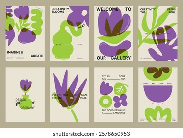 Abstract floral designs in green and purple. Creative, artistic posters. Bold, modern graphics. Inspiring, imaginative artwork. Gallery-style floral art. Creative floral poster template vector set.