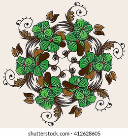 Abstract floral doodle background pattern. A circular ornament. Color vector illustration