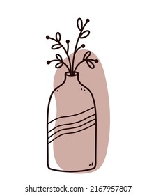 Abstract floral doodle with color organic shape. Minimalist vase with branches isolated on white background. Vector hand-drawn illustration. Perfect for cards, decorations, logo, posters.