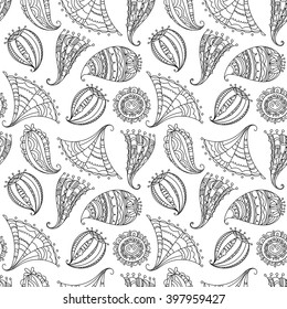 Abstract floral doodle hand drawn pattern. Vector seamless black and white background.