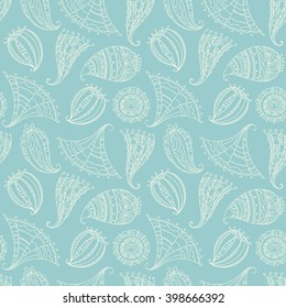 Abstract floral doodle hand drawn pattern. Vector seamless light blue background.