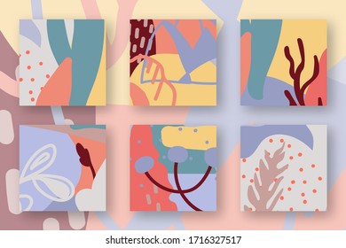 Abstract floral doodle objects. Square backdrops of organic elements different shapes. Trendy textures doodle spots, dots, lines. Contemporary creative hand drawn art. Isolated vector illustration