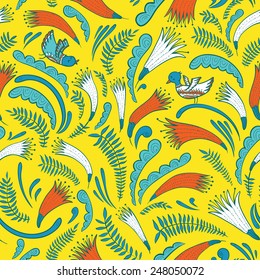 Abstract floral doodle seamless pattern with birds