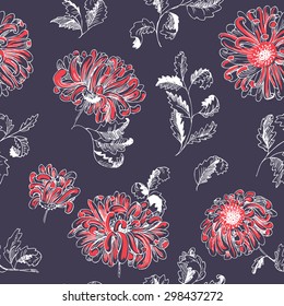 Abstract floral doodle seamless pattern. Natural background on botany theme with flowers and leaves. Vector illustration design for surfaces, textile, wrapping paper