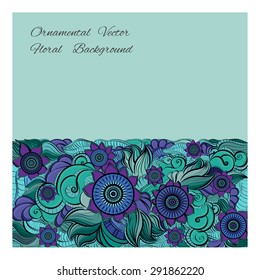 Abstract floral doodle vector background pattern with space for text. Bright template design with exotic flowers. Card isolated on blue background