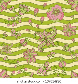 Abstract floral doodle vector seamless pattern. Subdued retro colors