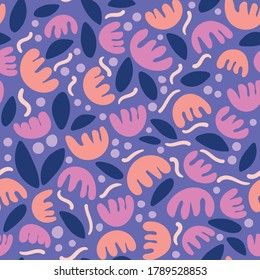 Abstract floral with dots and wiggly lines. Great for home decor, wrapping, fashion, scrapbooking, wallpaper, gift, kids, apparel.
