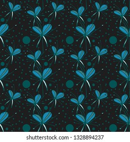 Abstract floral dotted pattern in green and blue color outline, on black background, isolated, stock vector illustration for design and decor, prints, fabrics, wrapping paper