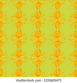 Abstract floral dotted pattern in orange and yellow color outline, on green background, stock vector illustration for design and decor, prints, fabrics, wrapping paper