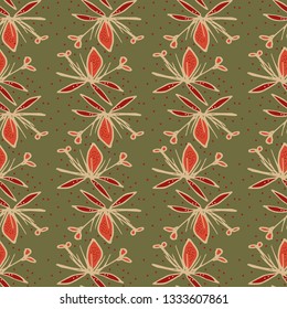 Abstract floral dotted pattern yellow and red colors contour, on green background, stock vector illustration for design and decor, prints, fabrics, wrapping paper