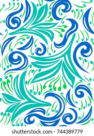 Abstract floral dynamical seamless vector pattern. Green-blue background resembling lilies.